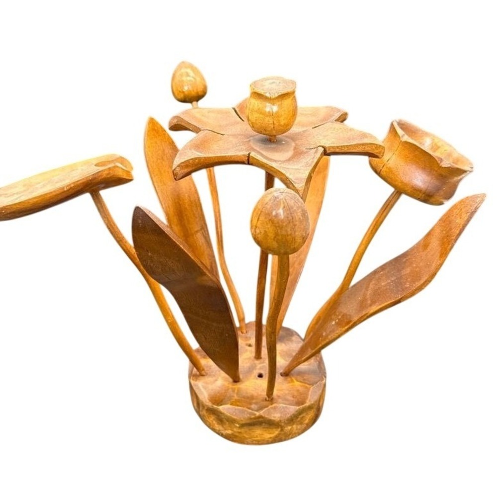 Vintage Hand Carved Wooden Floral Centerpiece Modular Botanical Sculpture MCM